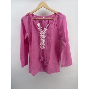 Chambray tunic top Pink 3D floral pattern on the tasseled V neck crop sleeve S